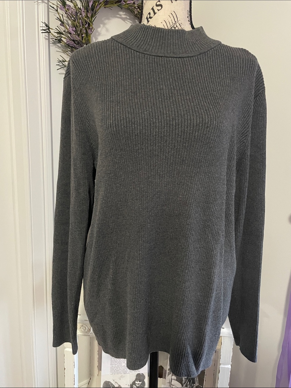 Karen Scott Charcoal Gray Ribbed Mock Neck Sweater